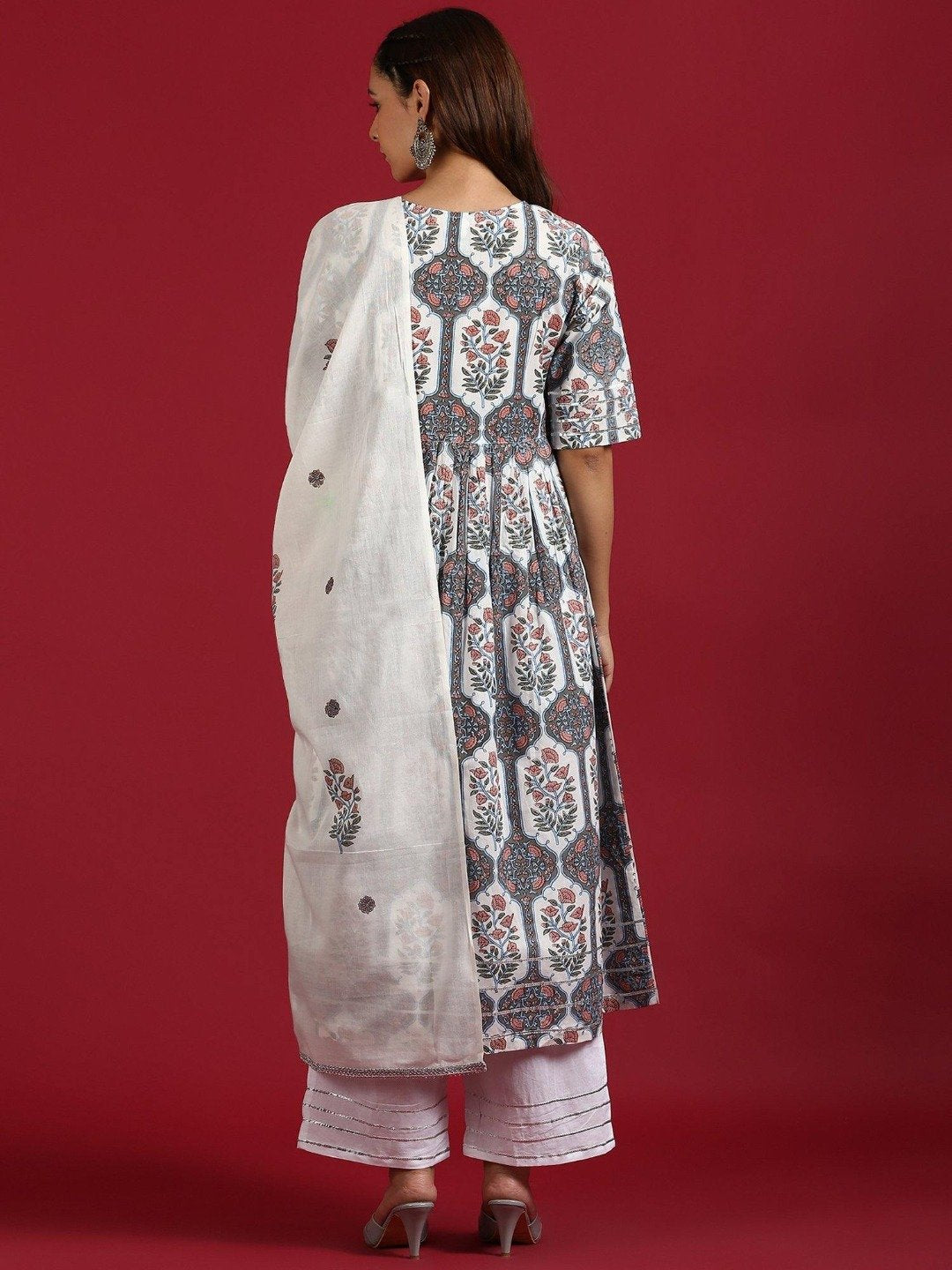 Women White Cotton Kurta With Palazzo And Dupatta Set by Janasya (3 Pc Set)