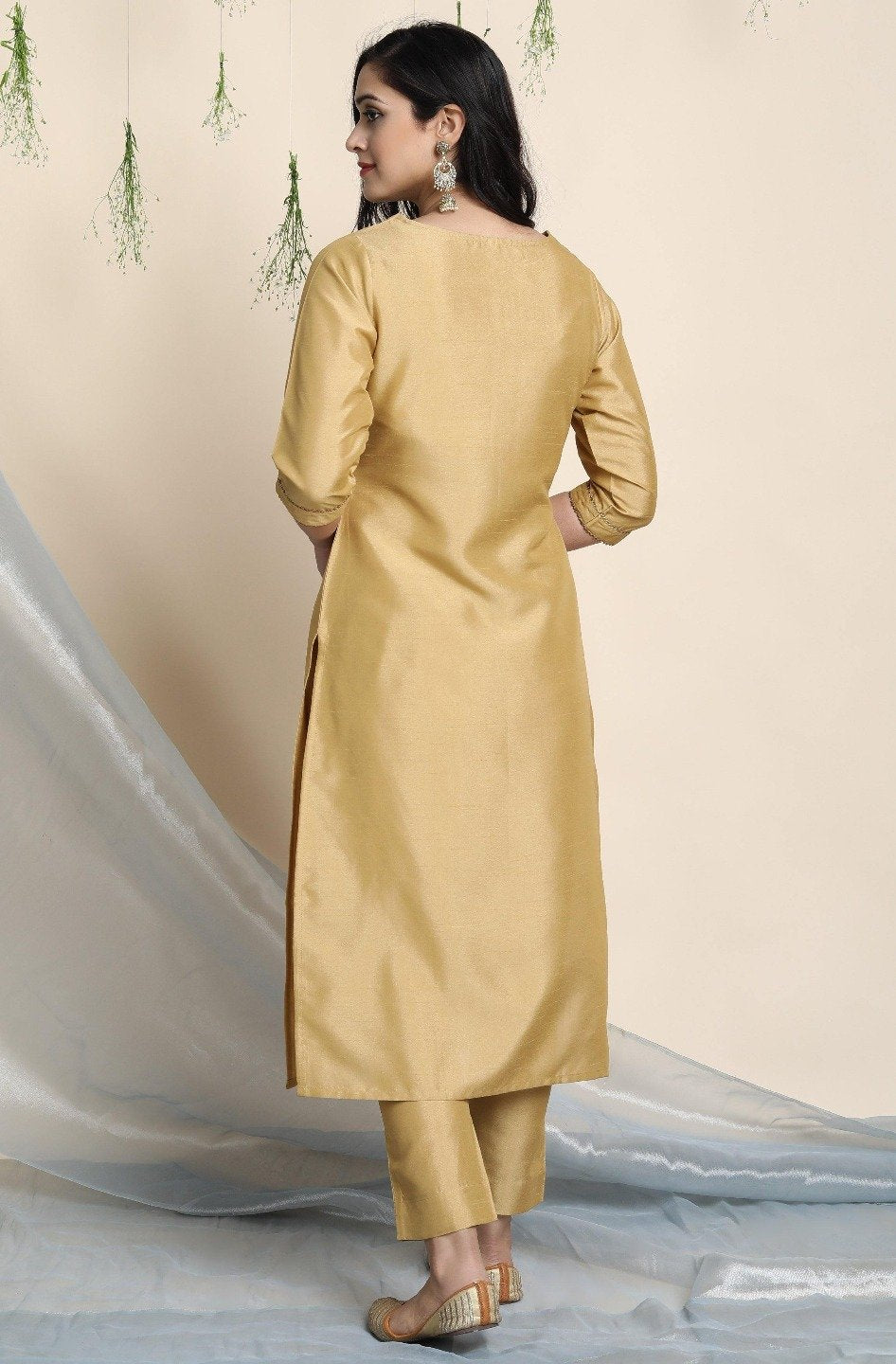 Women's Gold Poly Silk Kurta With Pant And Dupatta - Janasya