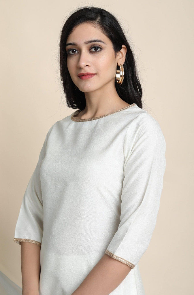 Women's Off White Poly Silk Kurta With Pant And Dupatta