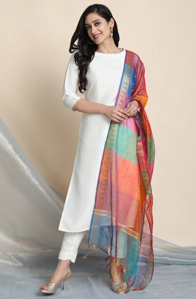 Women's Off White Poly Silk Kurta With Pant And Dupatta