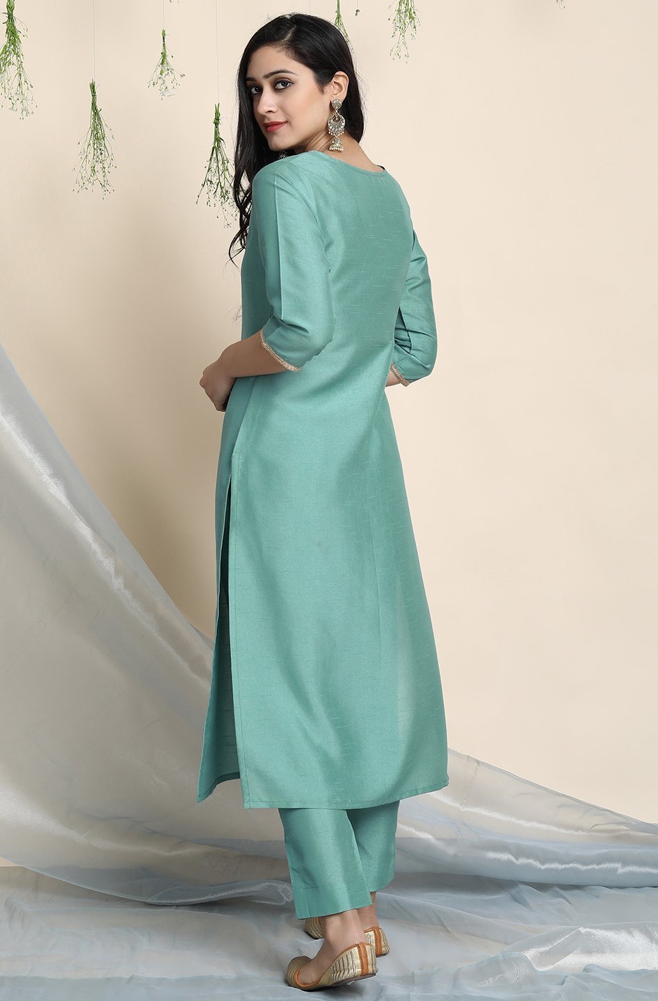 Women's Green Poly Silk Kurta With Pant And Dupatta by Janasya- (3pcs set)