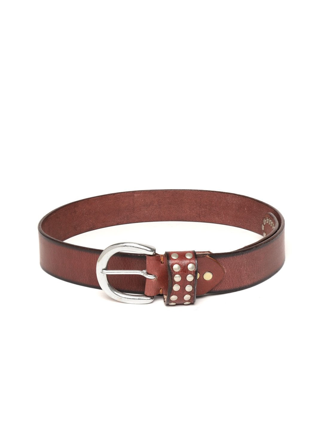 Women's Maroon Broad Silver Studded Leather Belt - SASSAFRAS