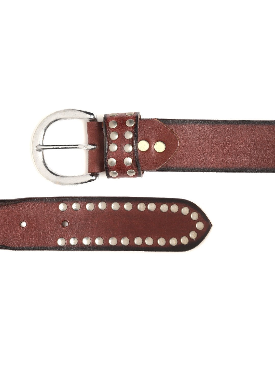 Women's Maroon Broad Silver Studded Leather Belt - SASSAFRAS