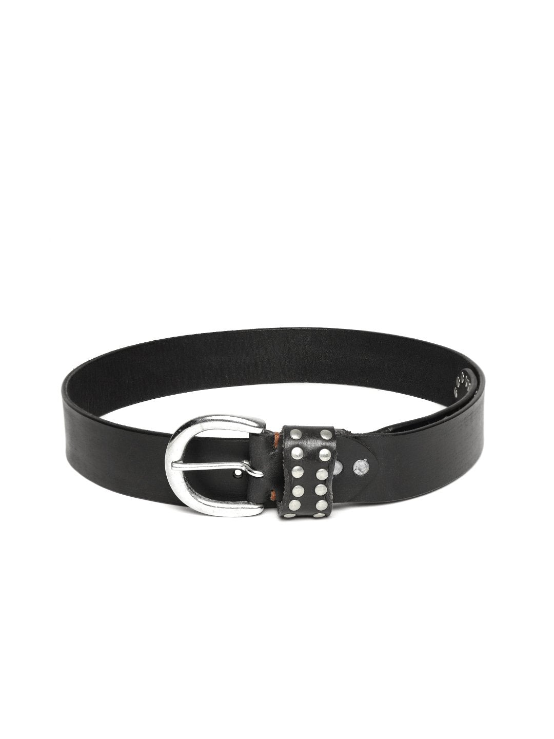 Women's Black Broad Silver Studded Leather Belt - SASSAFRAS