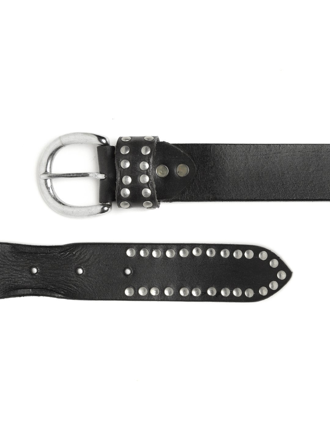 Women's Black Broad Silver Studded Leather Belt - SASSAFRAS