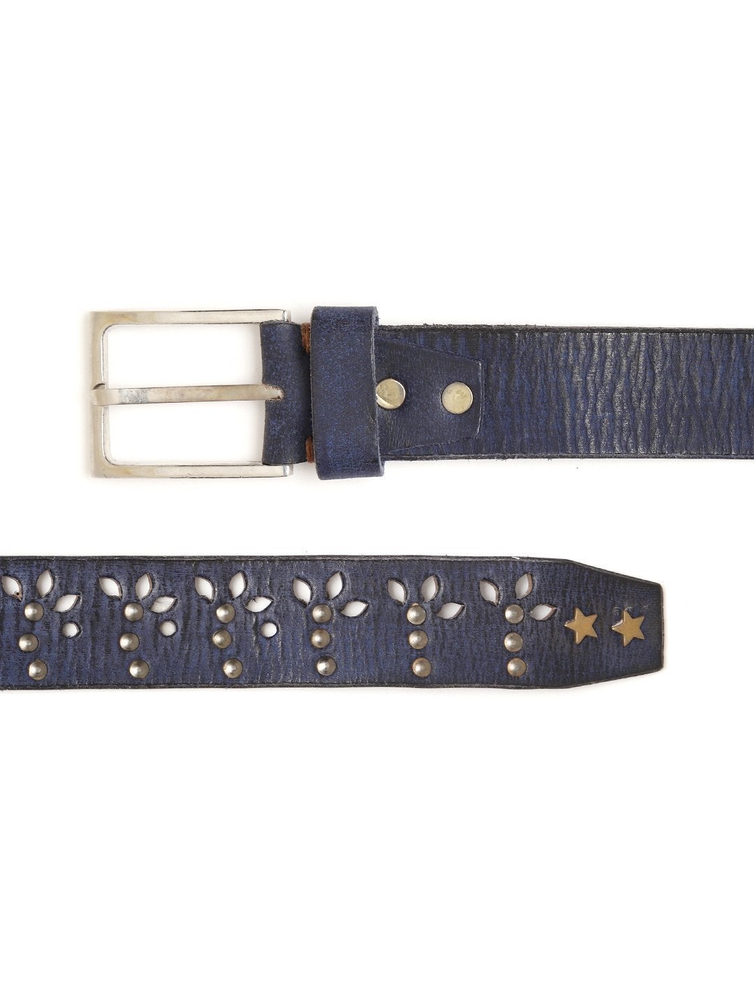 Women's Blue Broad Gunmetal Studded Leather Belt - SASSAFRAS