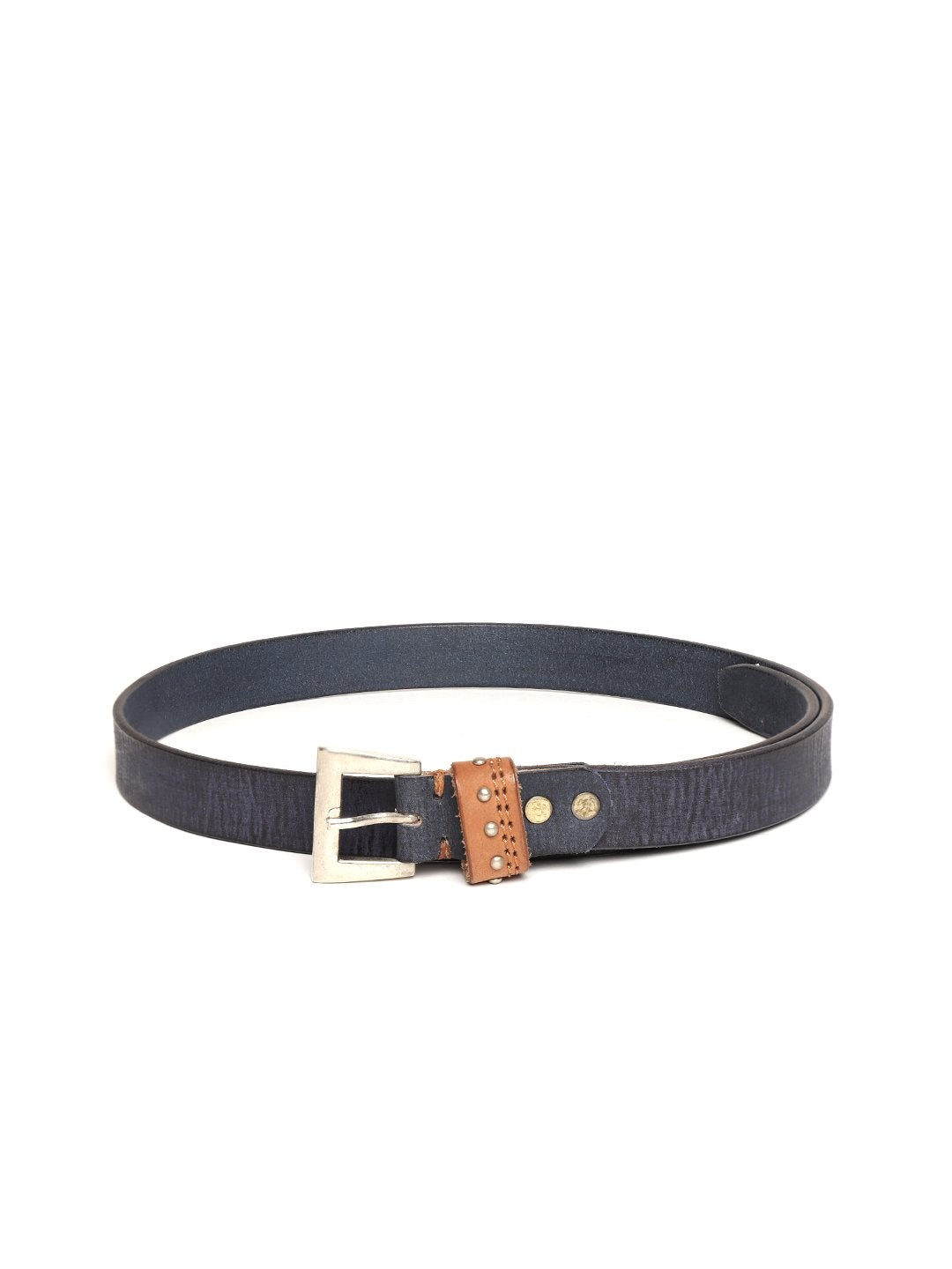 Women's Blue Slim Contrast Studded Loop Leather Belt - SASSAFRAS