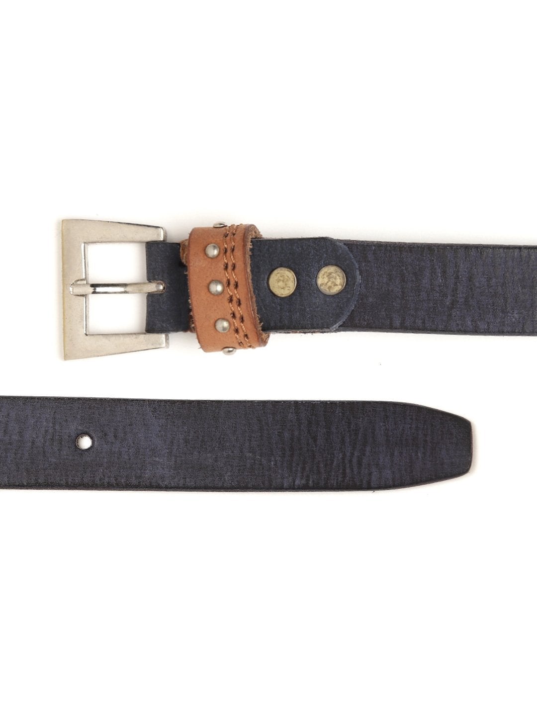 Women's Blue Slim Contrast Studded Loop Leather Belt - SASSAFRAS