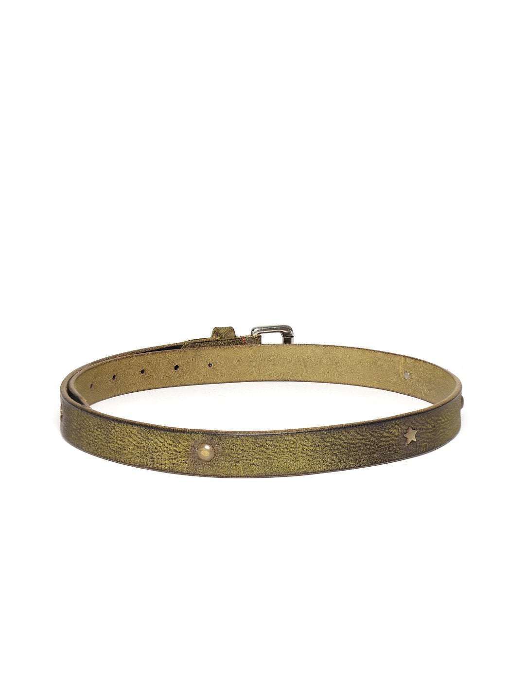 Women's Olive Star Studded Leather Belt - SASSAFRAS