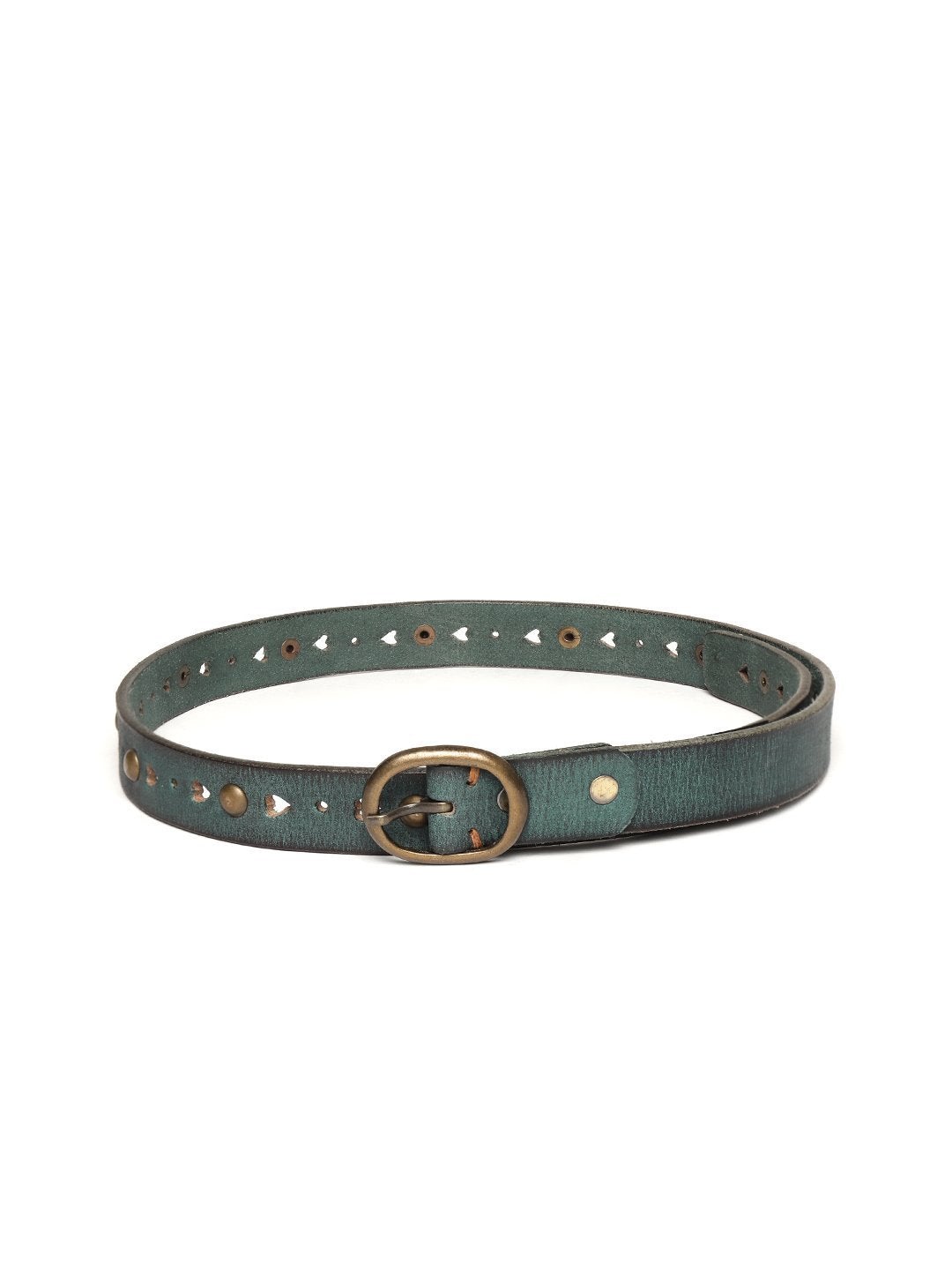 Women's Green Heart Holes Studded Leather Belt - SASSAFRAS