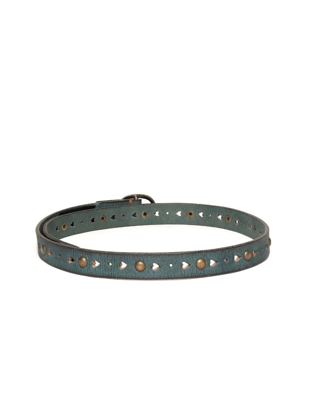 Women's Green Heart Holes Studded Leather Belt - SASSAFRAS