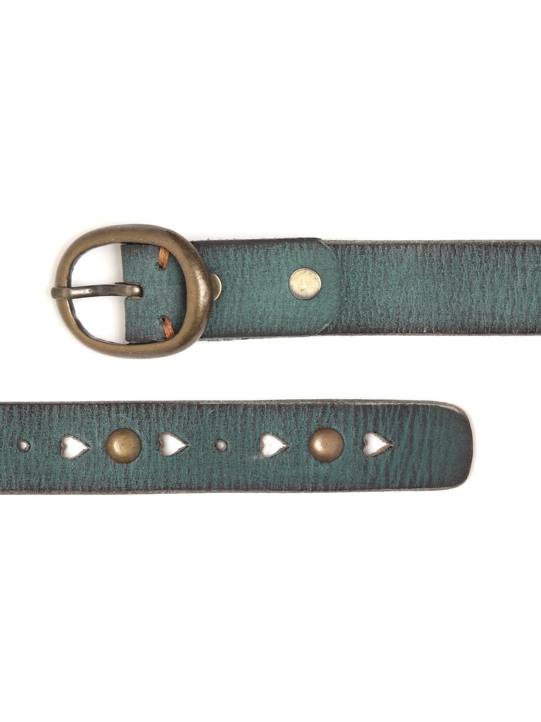 Women's Green Heart Holes Studded Leather Belt - SASSAFRAS