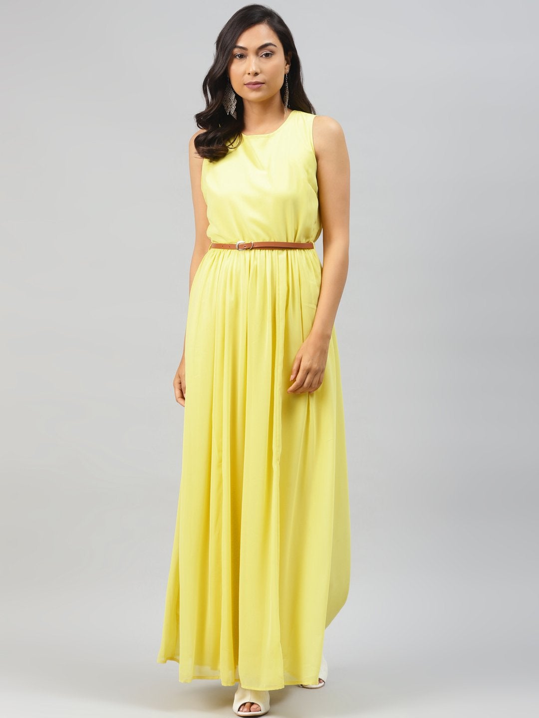 Women's Yellow Sleeveless Belted Maxi Dress - SASSAFRAS