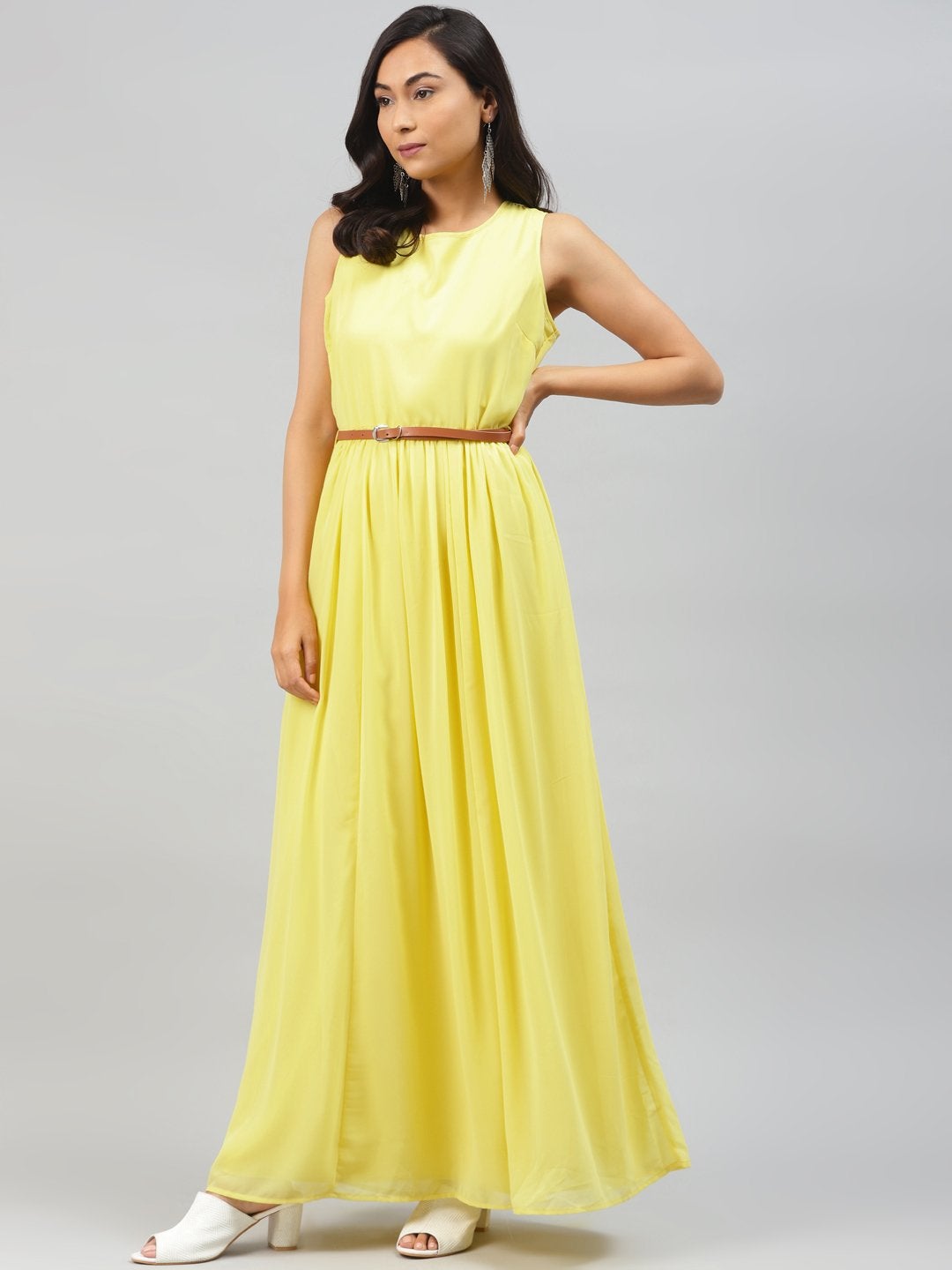 Women's Yellow Sleeveless Belted Maxi Dress - SASSAFRAS