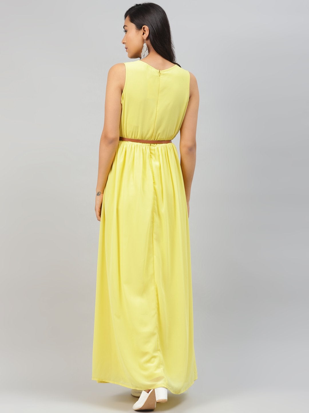 Women's Yellow Sleeveless Belted Maxi Dress - SASSAFRAS