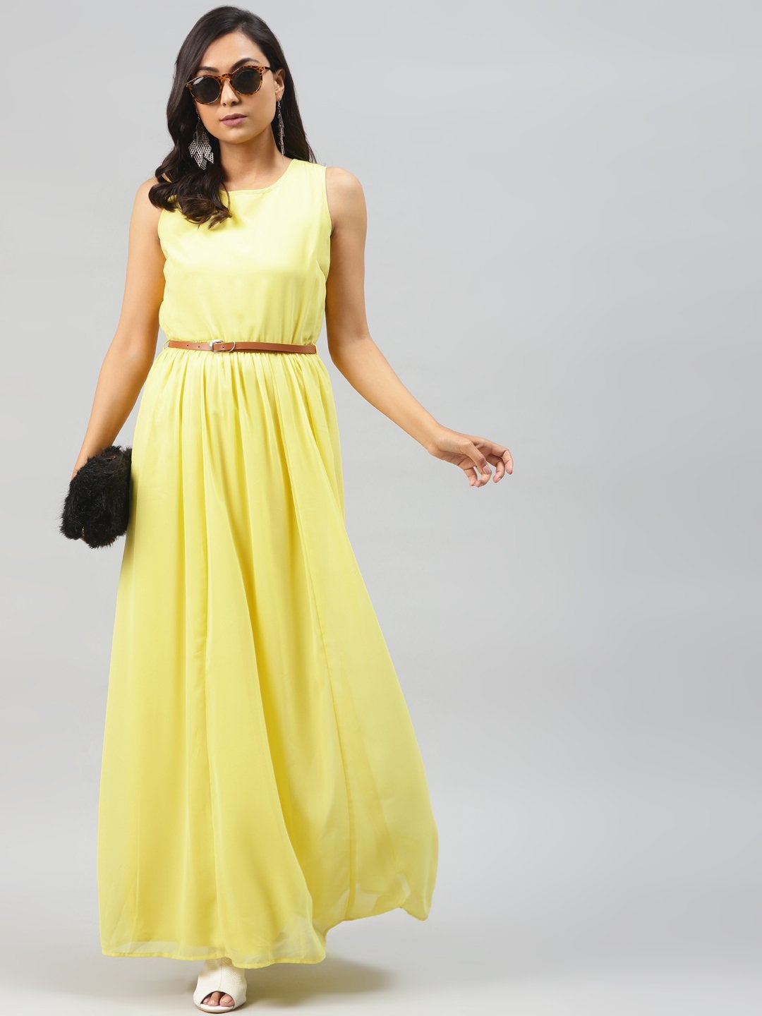 Women's Yellow Sleeveless Belted Maxi Dress - SASSAFRAS