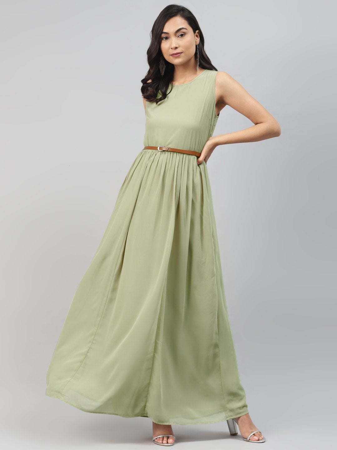 Women's Olive Sleeveless Belted Maxi Dress - SASSAFRAS