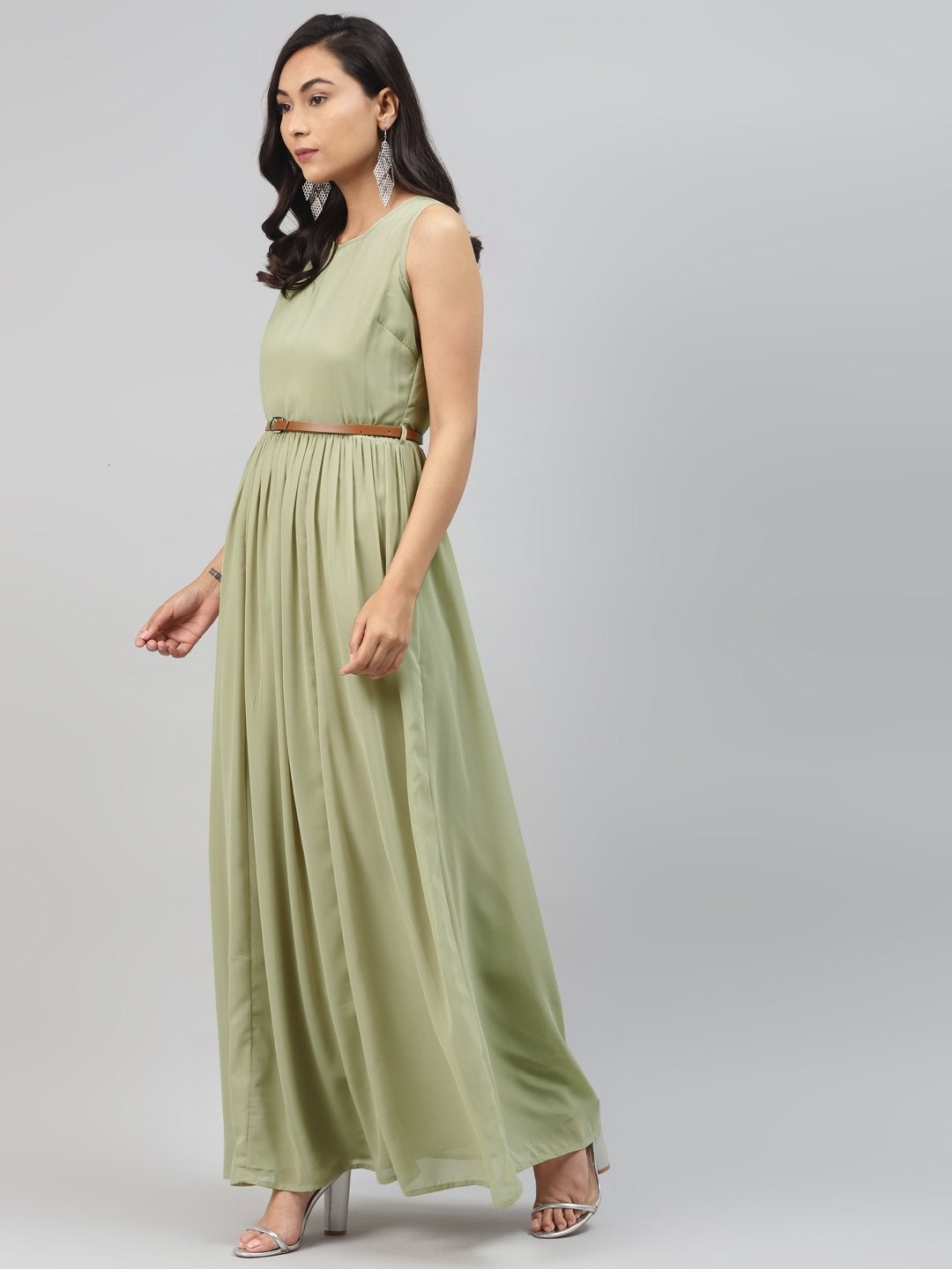 Women's Olive Sleeveless Belted Maxi Dress - SASSAFRAS