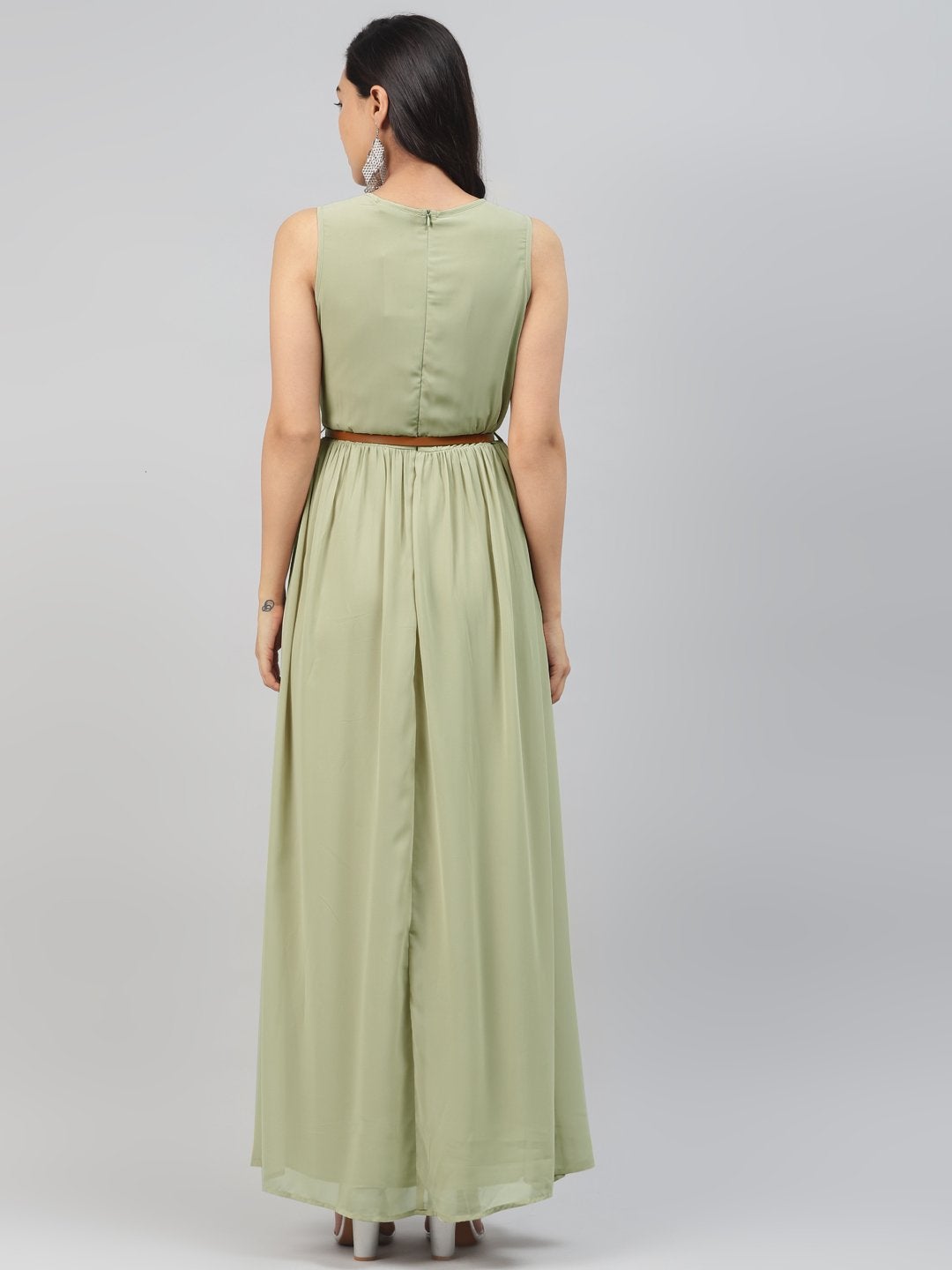 Women's Olive Sleeveless Belted Maxi Dress - SASSAFRAS