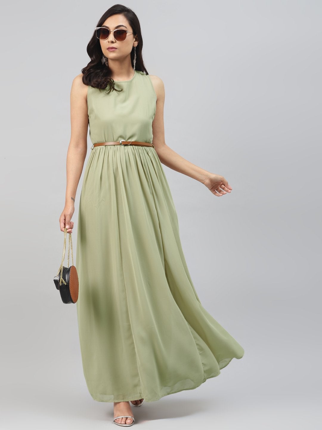 Women's Olive Sleeveless Belted Maxi Dress - SASSAFRAS