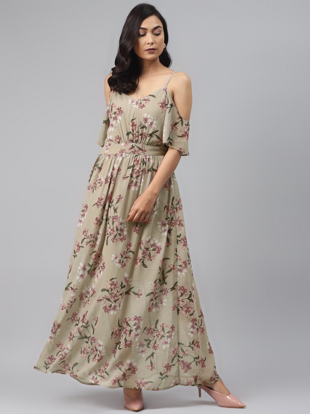 Women's Olive Floral Cold Shoulder Maxi Dress - SASSAFRAS