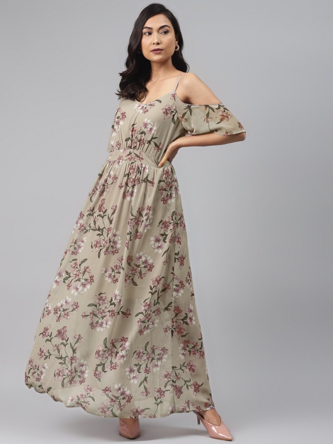 Women's Olive Floral Cold Shoulder Maxi Dress - SASSAFRAS