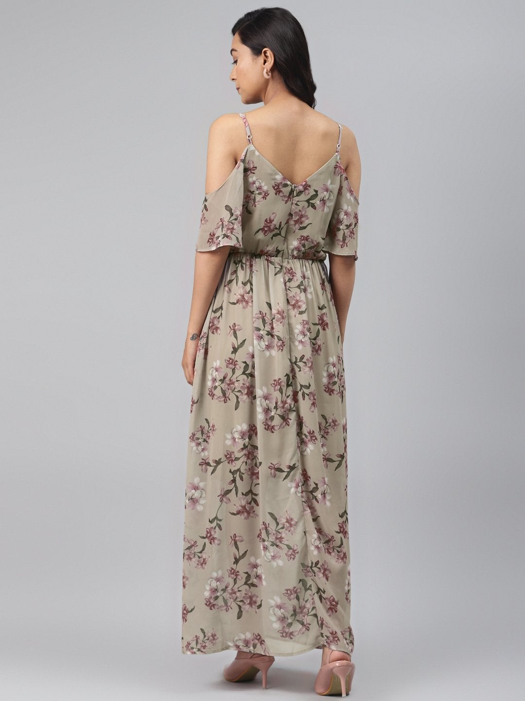 Women's Olive Floral Cold Shoulder Maxi Dress - SASSAFRAS