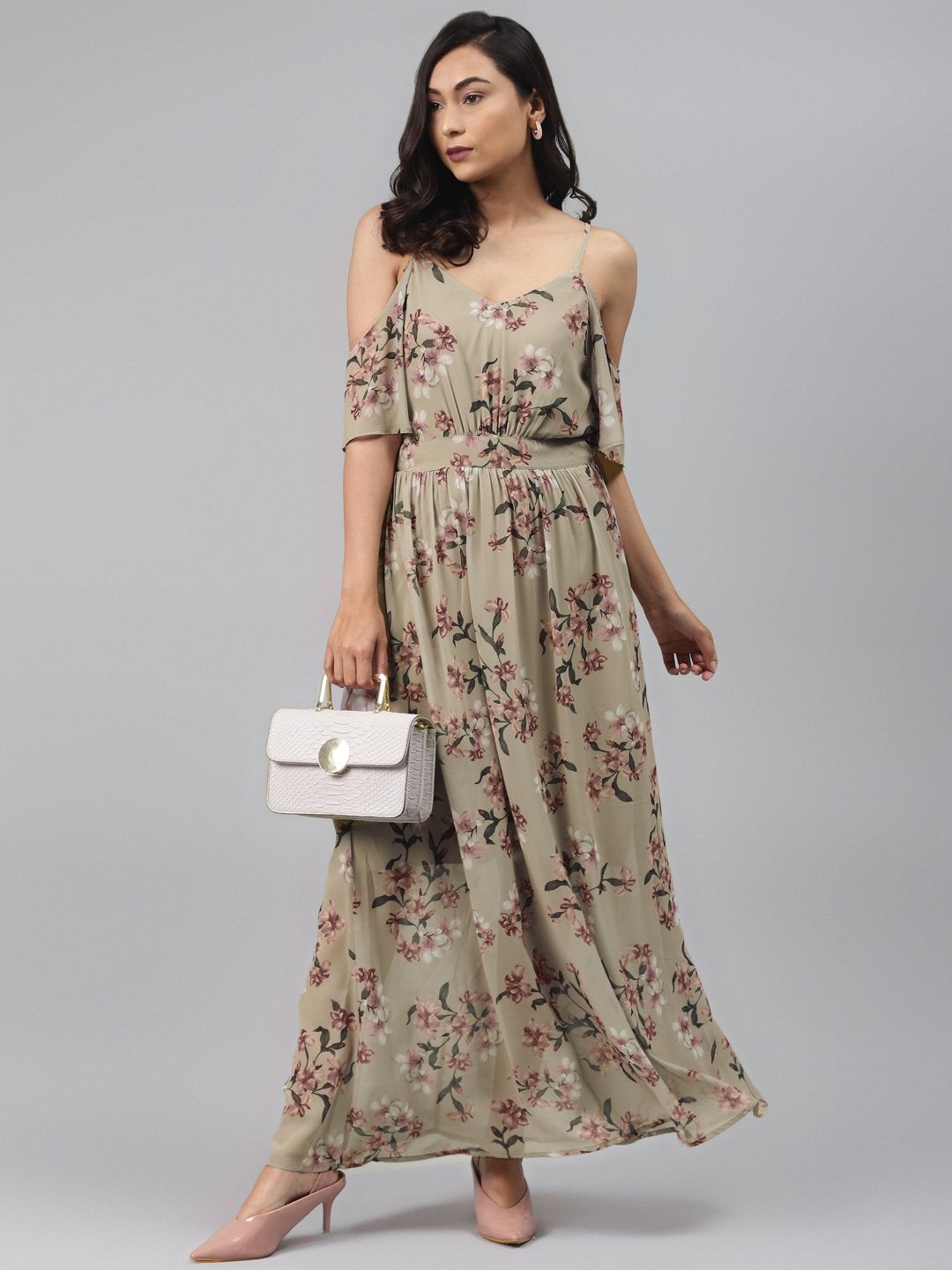 Women's Olive Floral Cold Shoulder Maxi Dress - SASSAFRAS