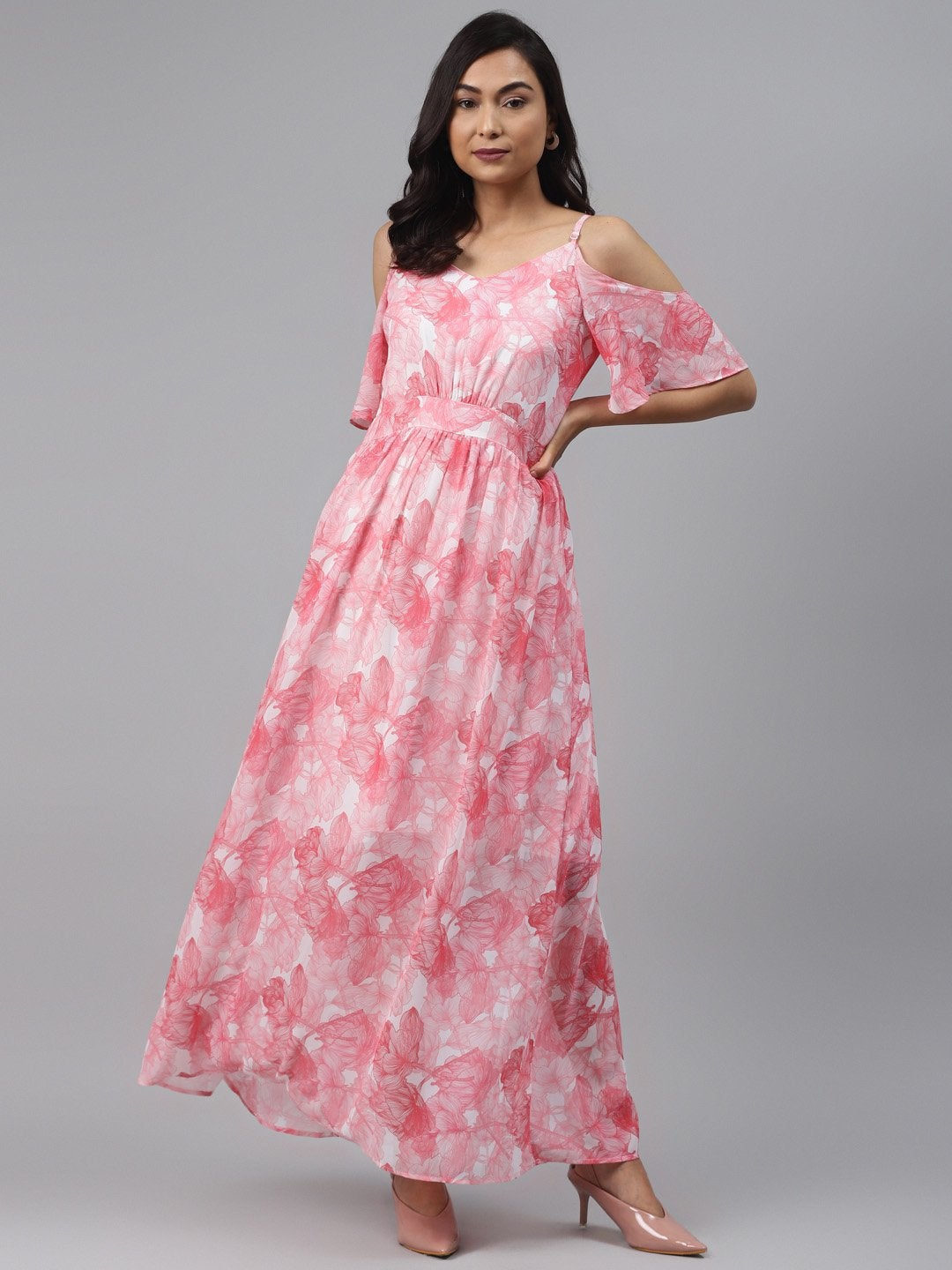 Women's Pink Floral Cold Shoulder Maxi Dress - SASSAFRAS