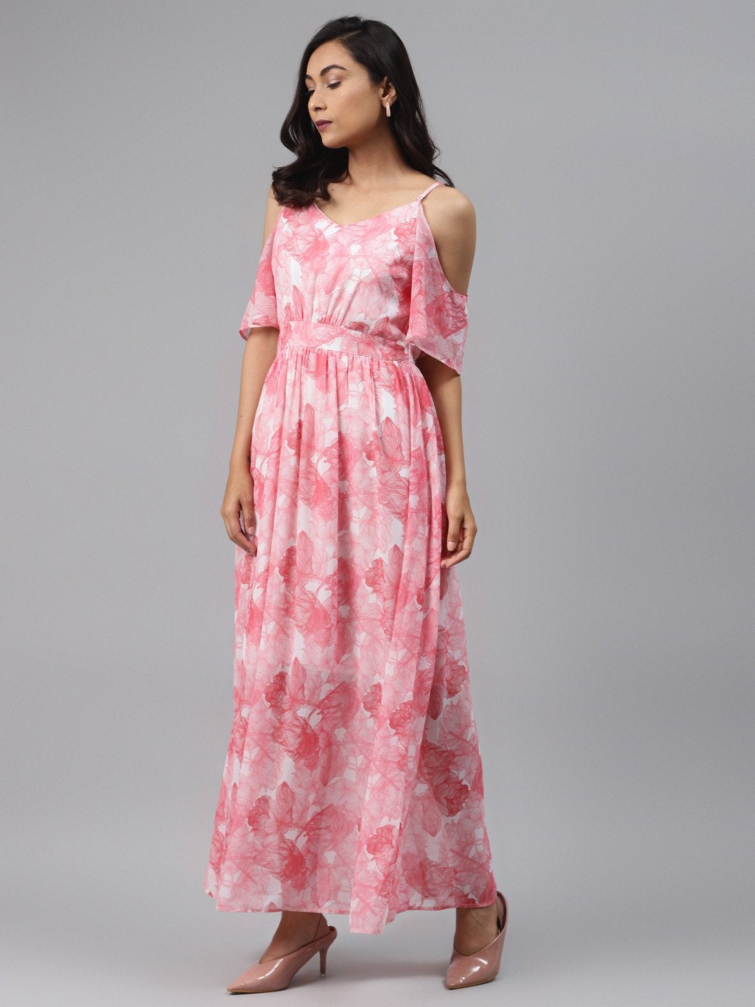 Women's Pink Floral Cold Shoulder Maxi Dress - SASSAFRAS