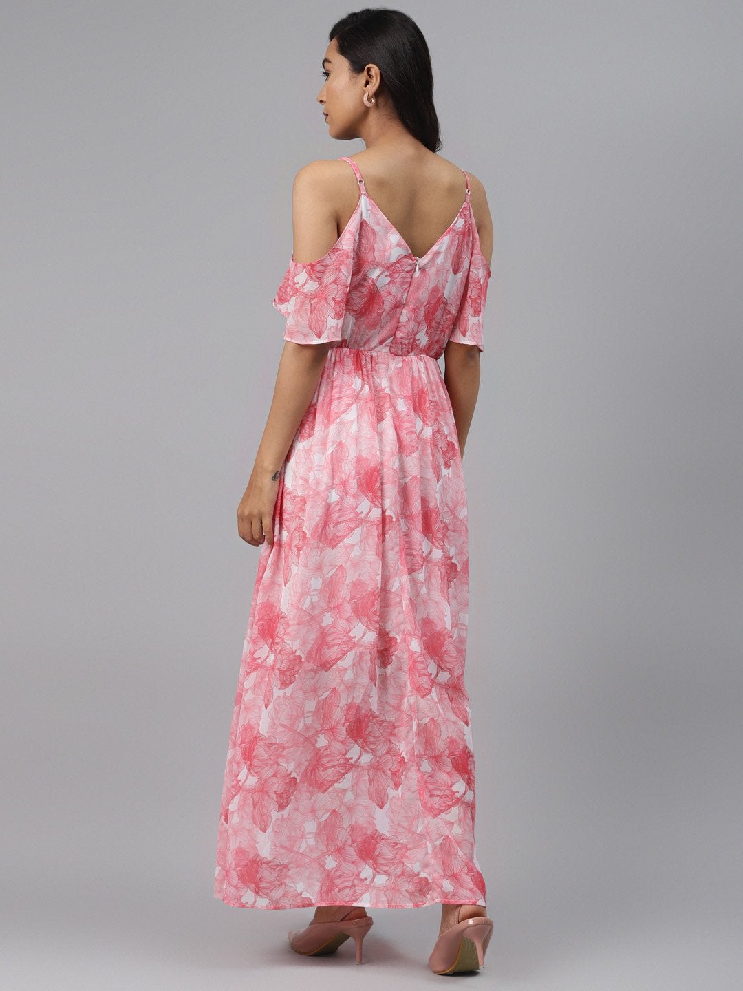 Women's Pink Floral Cold Shoulder Maxi Dress - SASSAFRAS