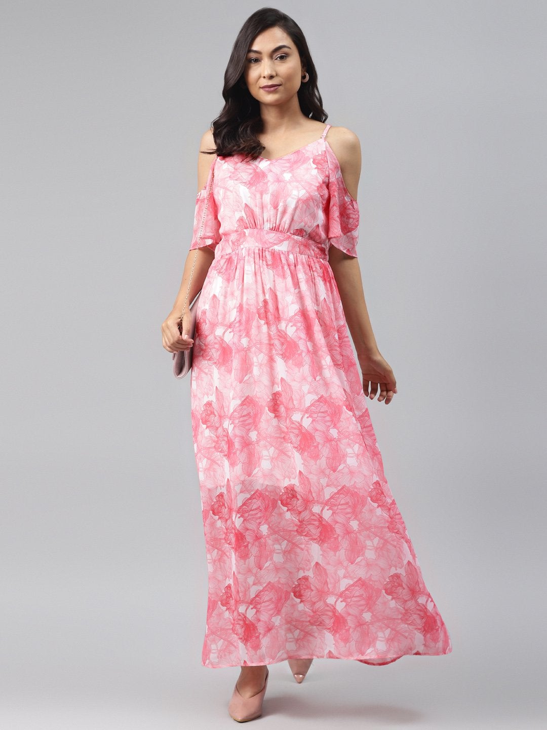 Women's Pink Floral Cold Shoulder Maxi Dress - SASSAFRAS