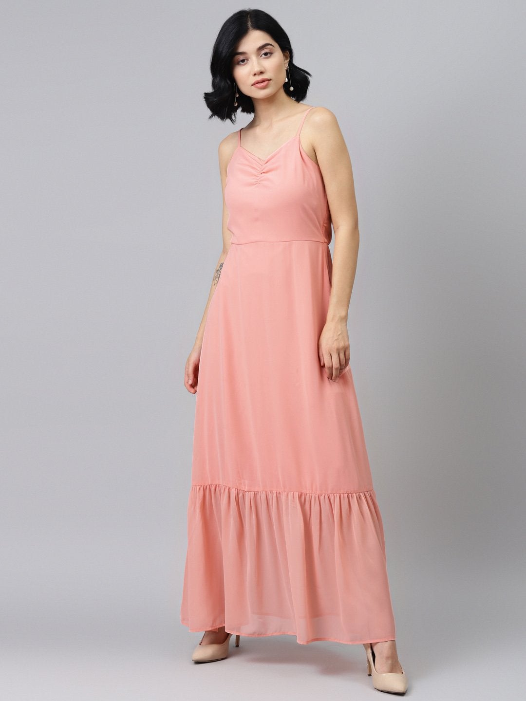 Women's Pink Strappy Frilled Hem Maxi Dress - SASSAFRAS