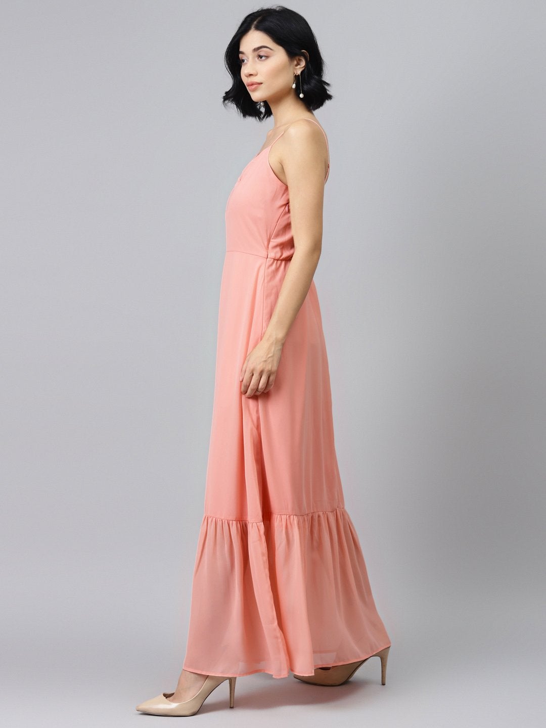 Women's Pink Strappy Frilled Hem Maxi Dress - SASSAFRAS