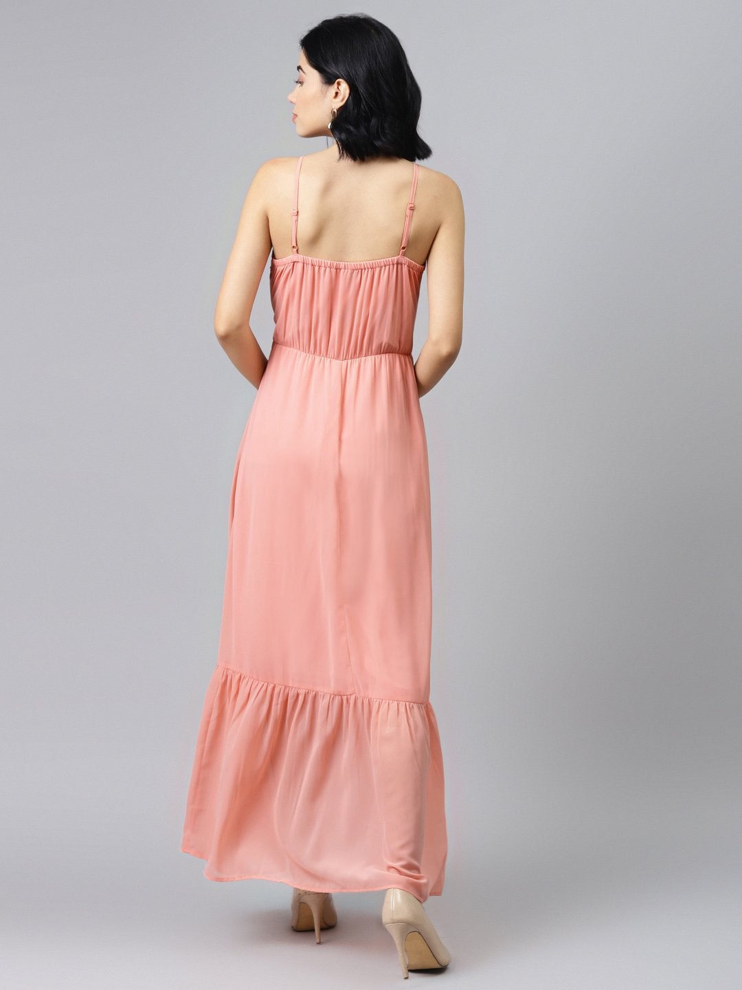 Women's Pink Strappy Frilled Hem Maxi Dress - SASSAFRAS