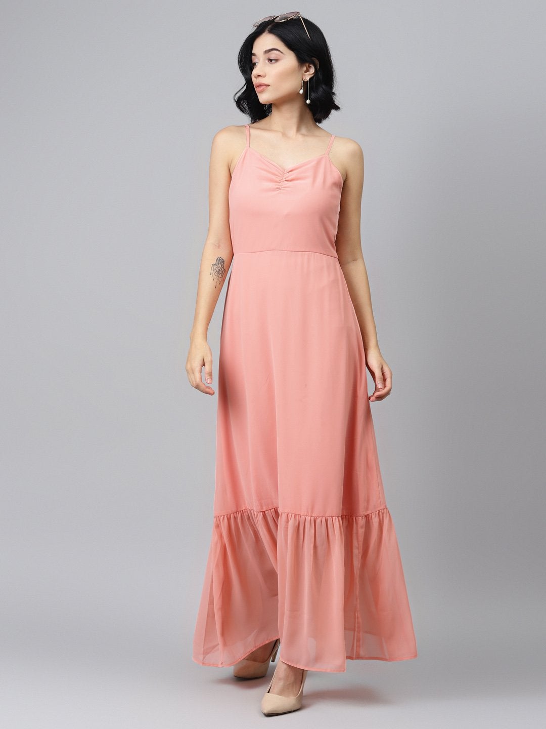 Women's Pink Strappy Frilled Hem Maxi Dress - SASSAFRAS