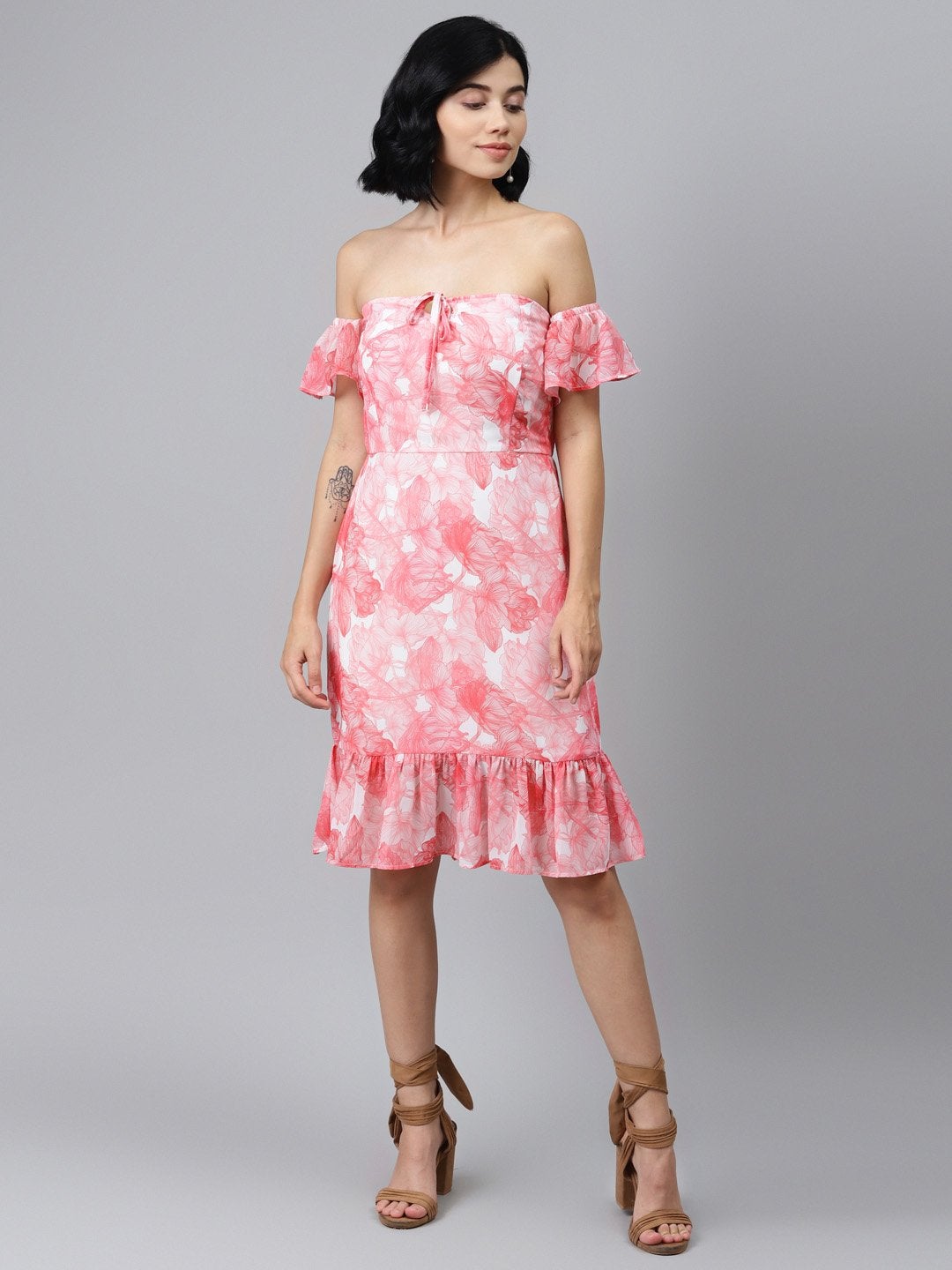 Women's Pink Floral Off Shoulder Skater Dress - SASSAFRAS