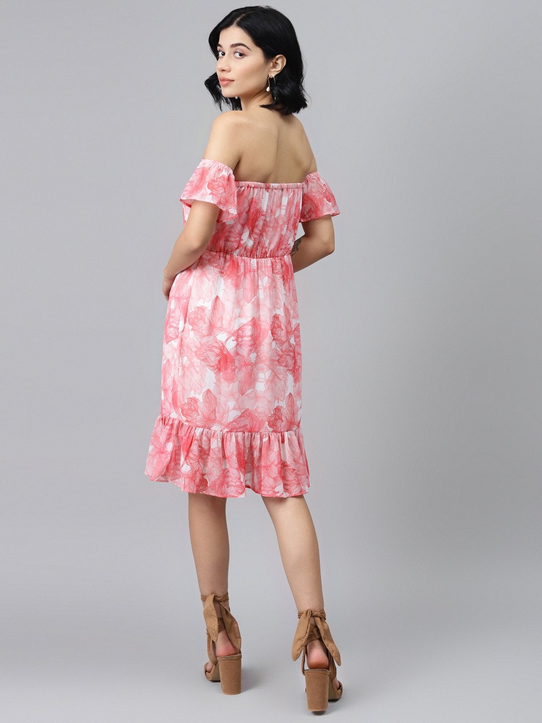 Women's Pink Floral Off Shoulder Skater Dress - SASSAFRAS