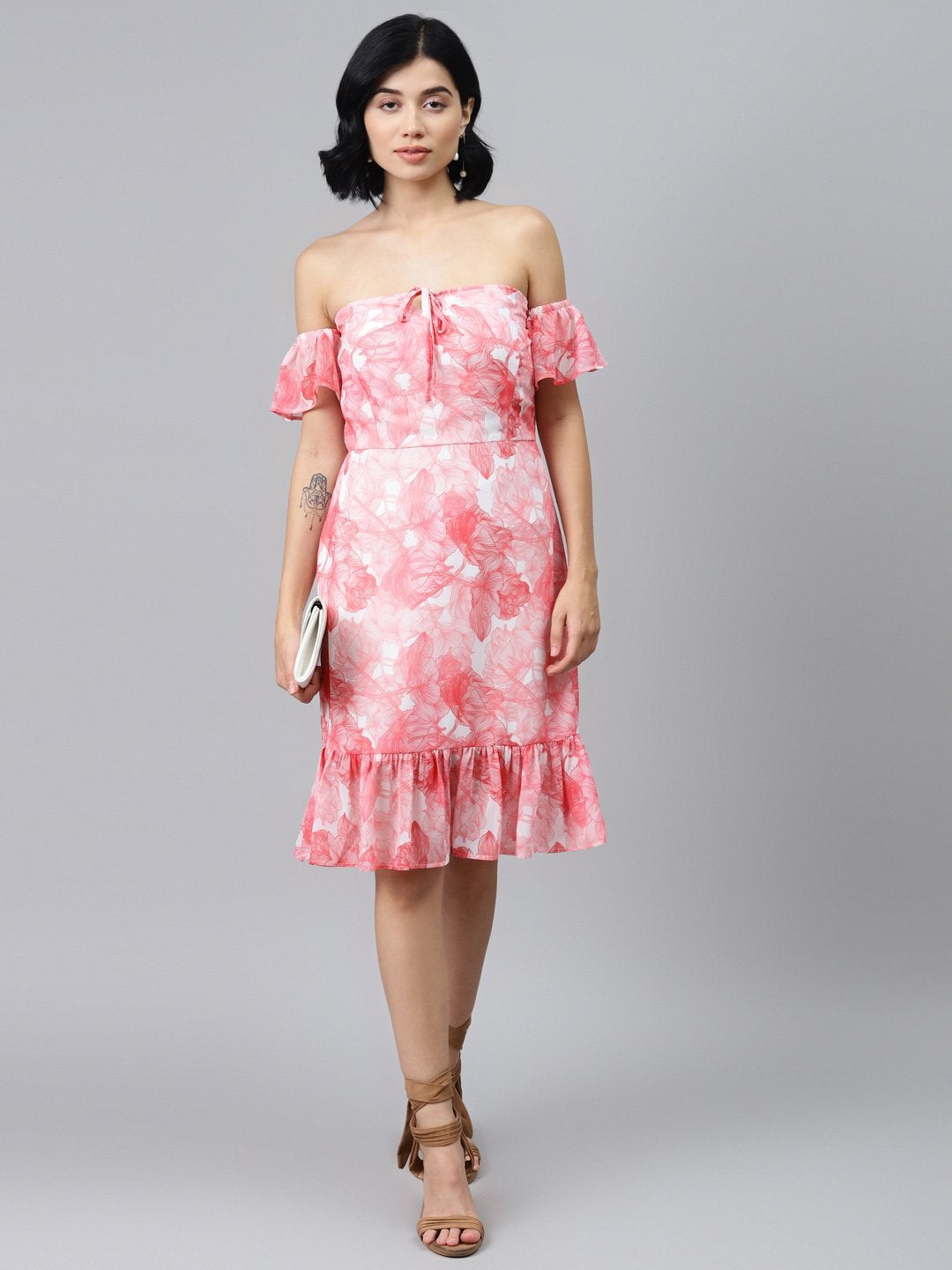 Women's Pink Floral Off Shoulder Skater Dress - SASSAFRAS