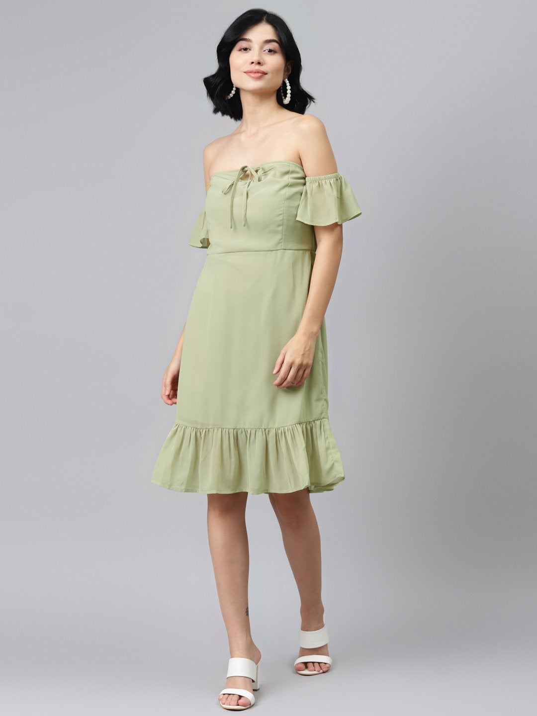 Women's Olive Off Shoulder Skater Dress - SASSAFRAS