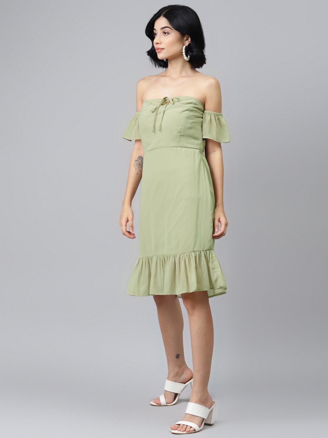 Women's Olive Off Shoulder Skater Dress - SASSAFRAS