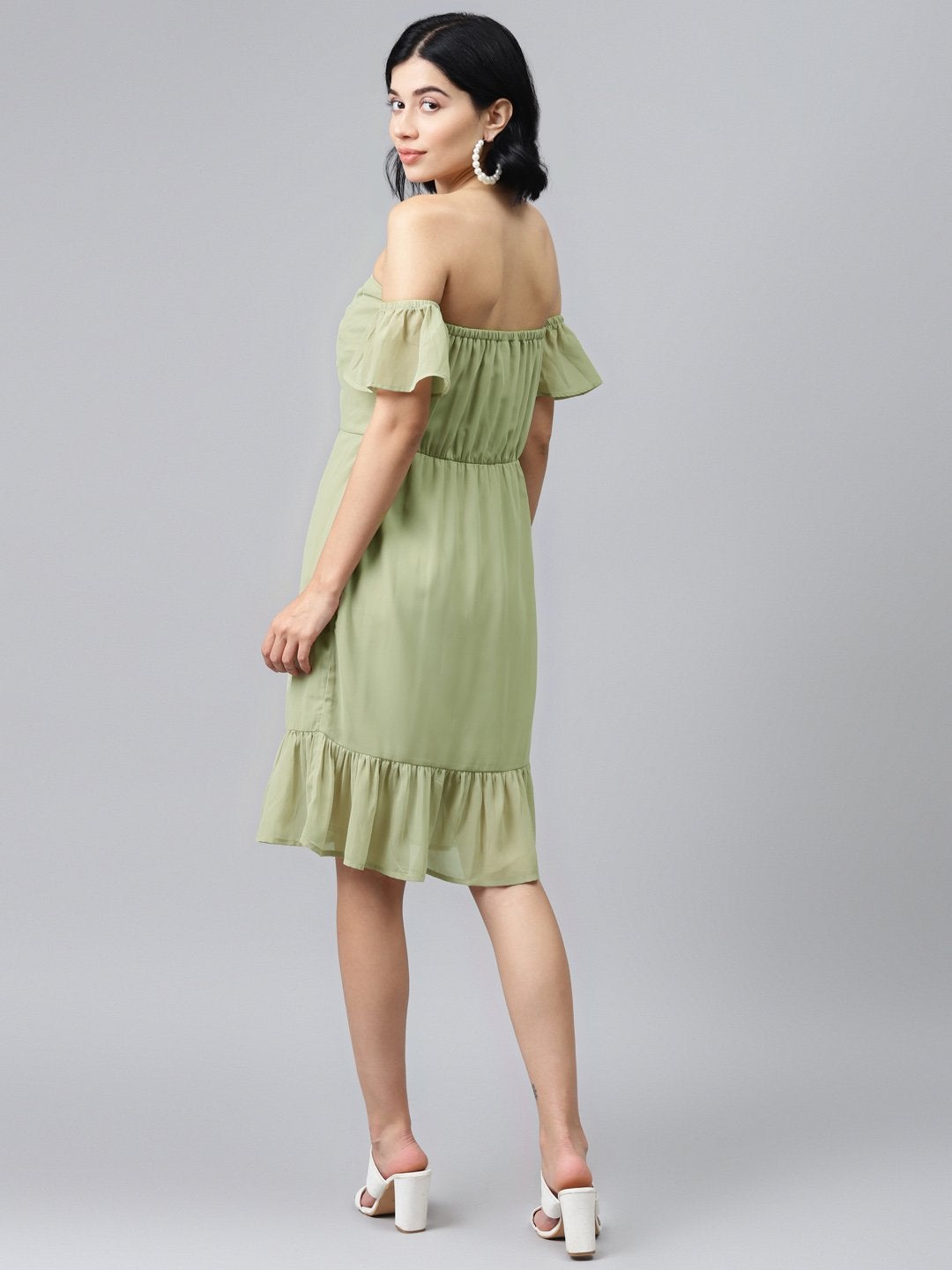 Women's Olive Off Shoulder Skater Dress - SASSAFRAS