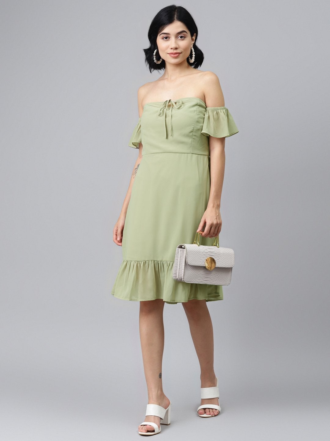 Women's Olive Off Shoulder Skater Dress - SASSAFRAS