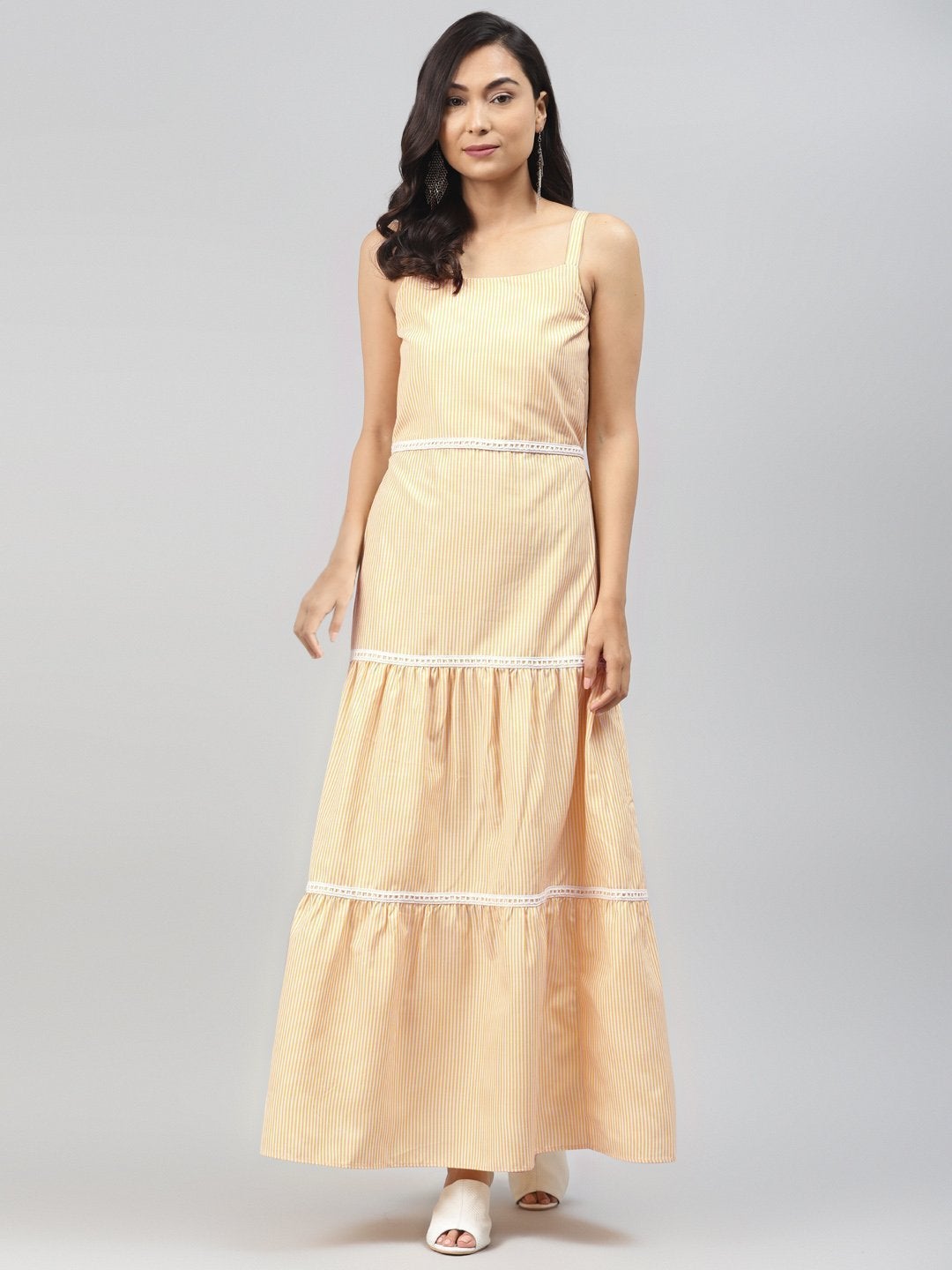 Women's Yellow Stripes Strappy Maxi Dress - SASSAFRAS