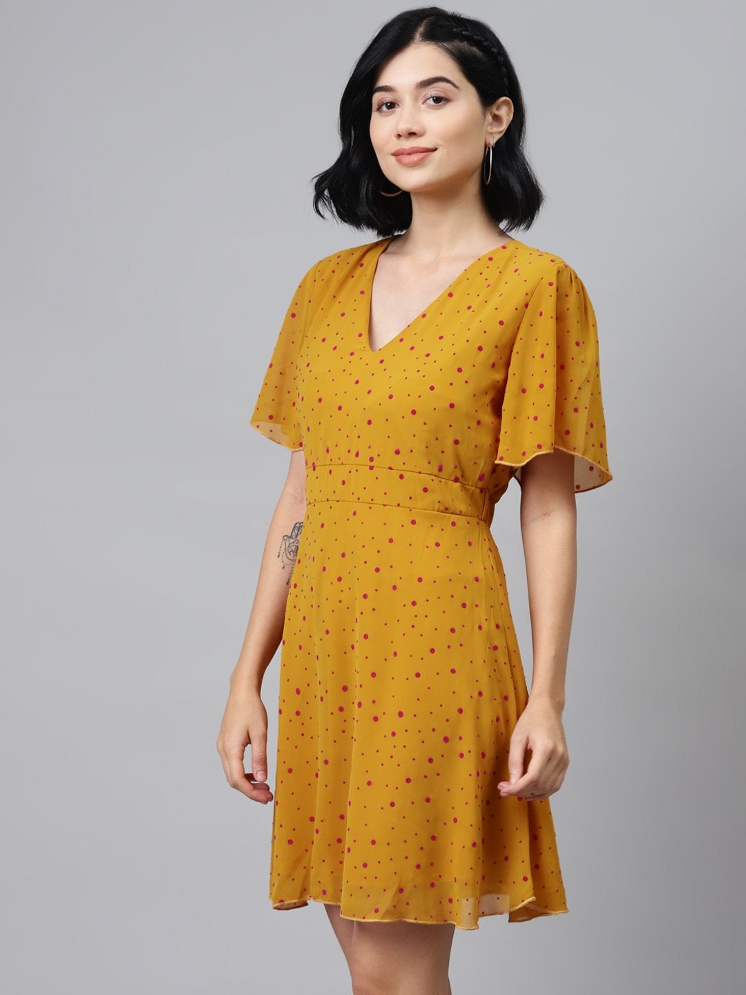 Women's Mustard Flock Print Skater Dress - SASSAFRAS