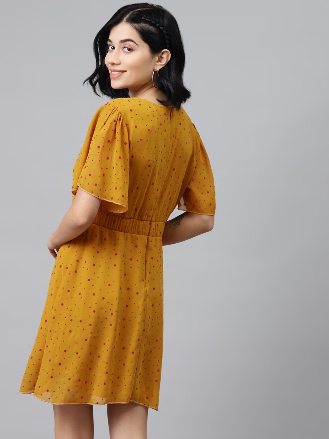 Women's Mustard Flock Print Skater Dress - SASSAFRAS