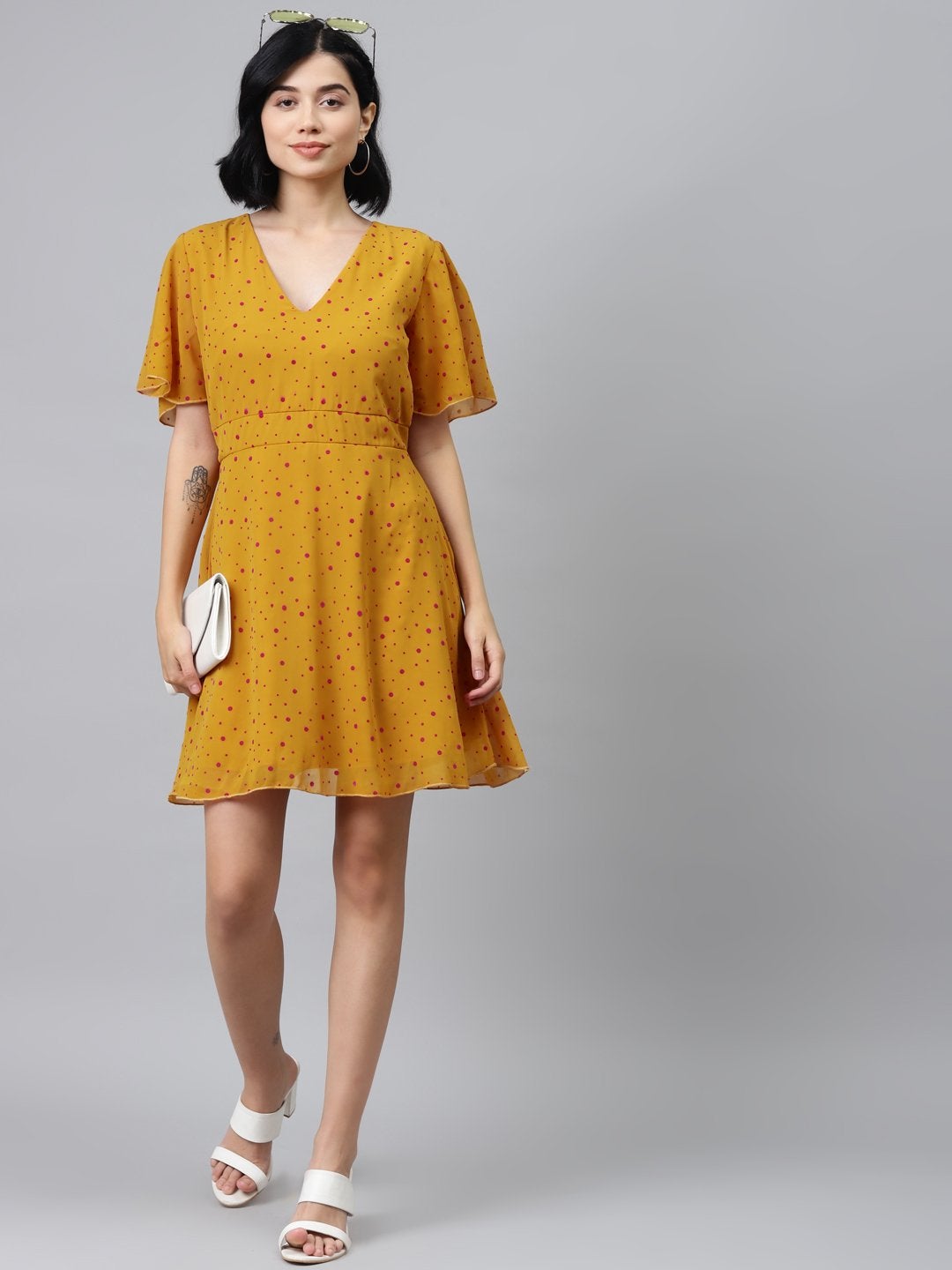 Women's Mustard Flock Print Skater Dress - SASSAFRAS