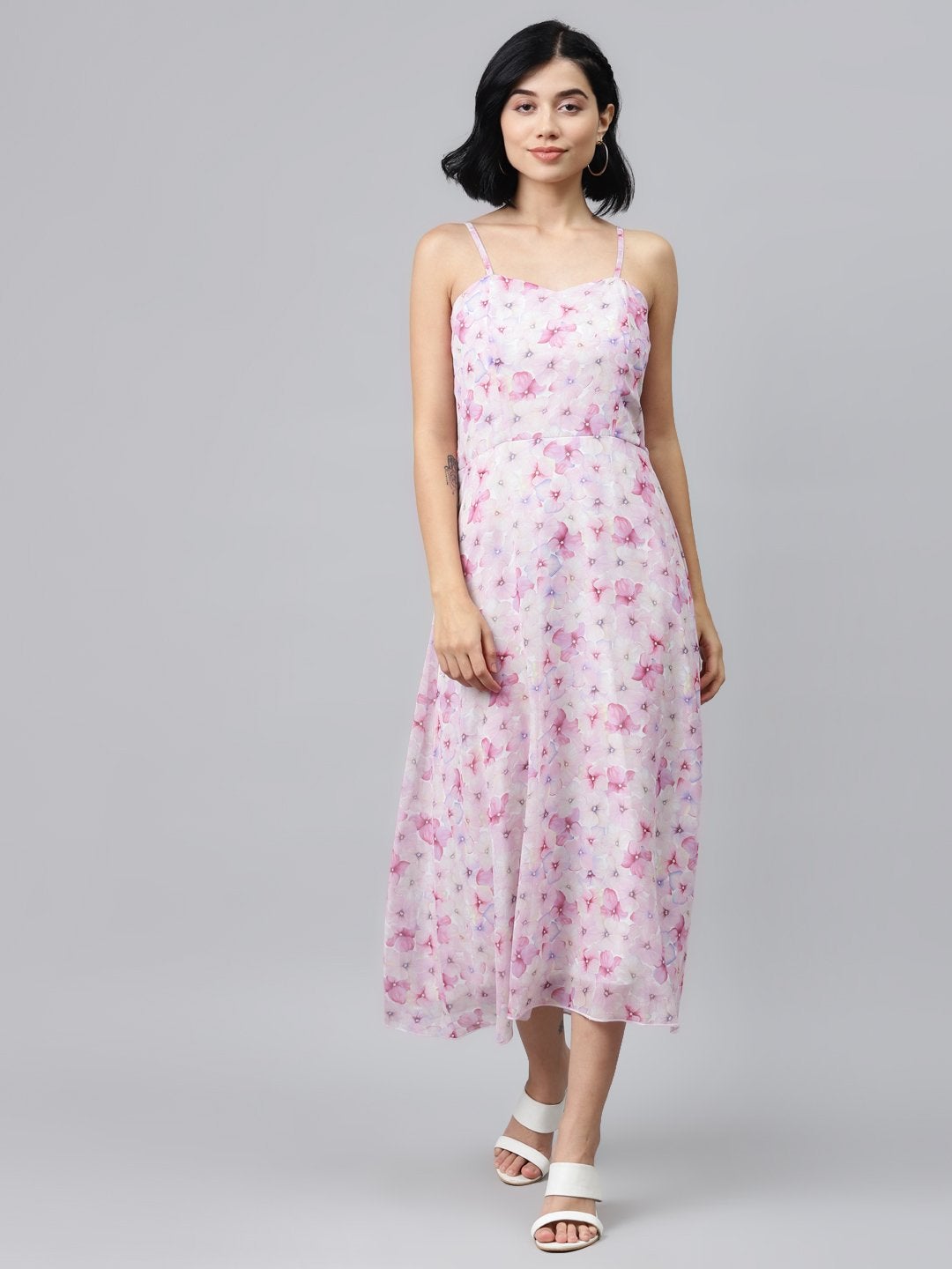 Women's Pink Floral Strappy Midi Dress - SASSAFRAS