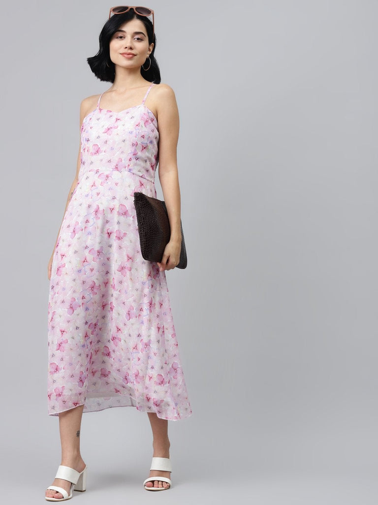 Women's Pink Floral Strappy Midi Dress