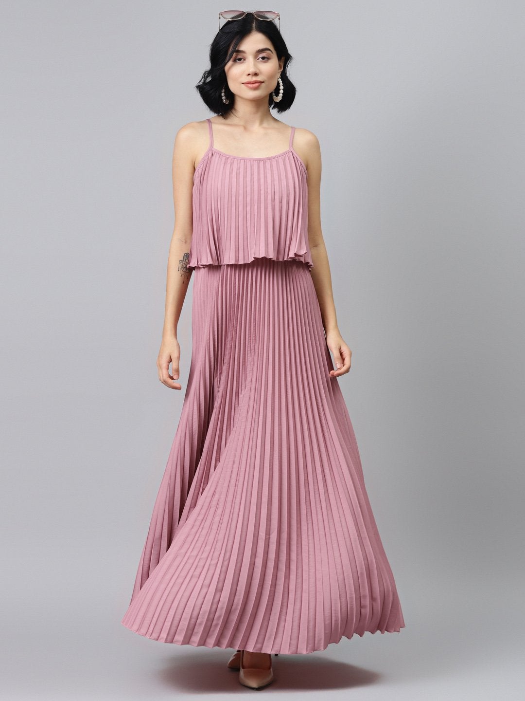 Women's Baked Pink Strappy Pleated Maxi Dress